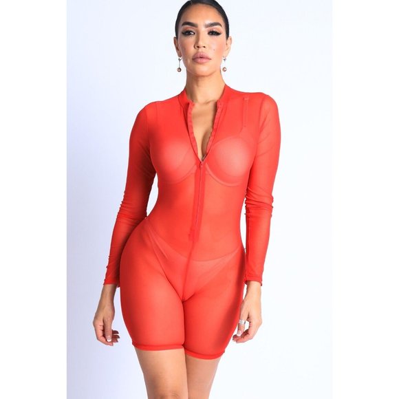 Women Sexy See Through Sheer Mesh Zip Up Bodysuit Jumpsuit Club Party Romper - Picture 2 of 10